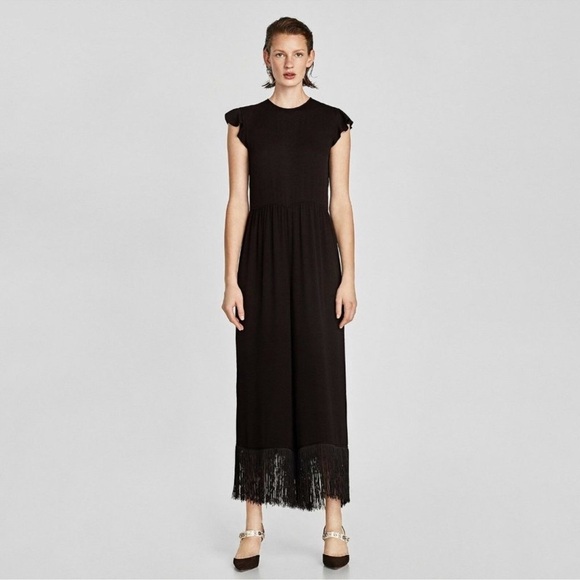 Zara Black Wide Leg Fringe Jumpsuit Size Medium Southwestern Whimsy Goth - Picture 15 of 15